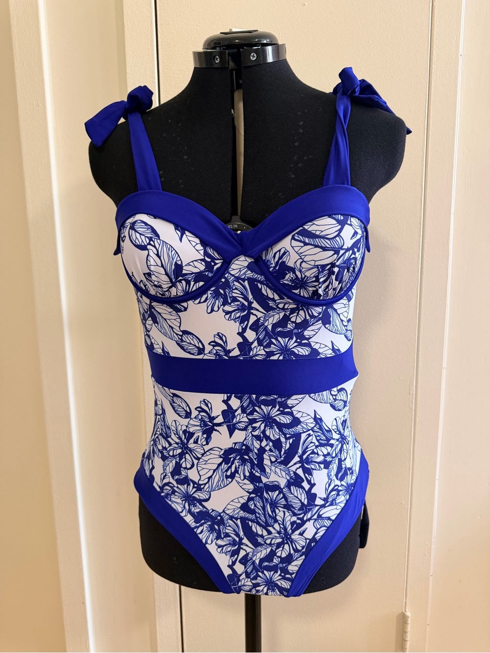 Blue Floral One-Piece Swimsuit with Tie Shoulder Straps and Matching Tie Sarong